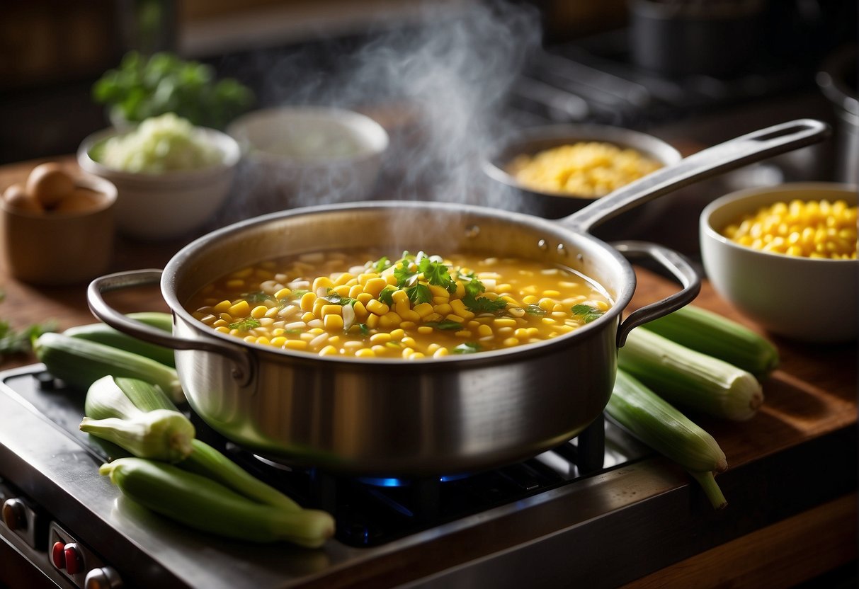 A pot simmers on a stove, filled with corn, broth, and seasonings. Steam rises as a wooden spoon stirs the soup. Chopped scallions and cilantro sit nearby, ready to garnish the finished dish