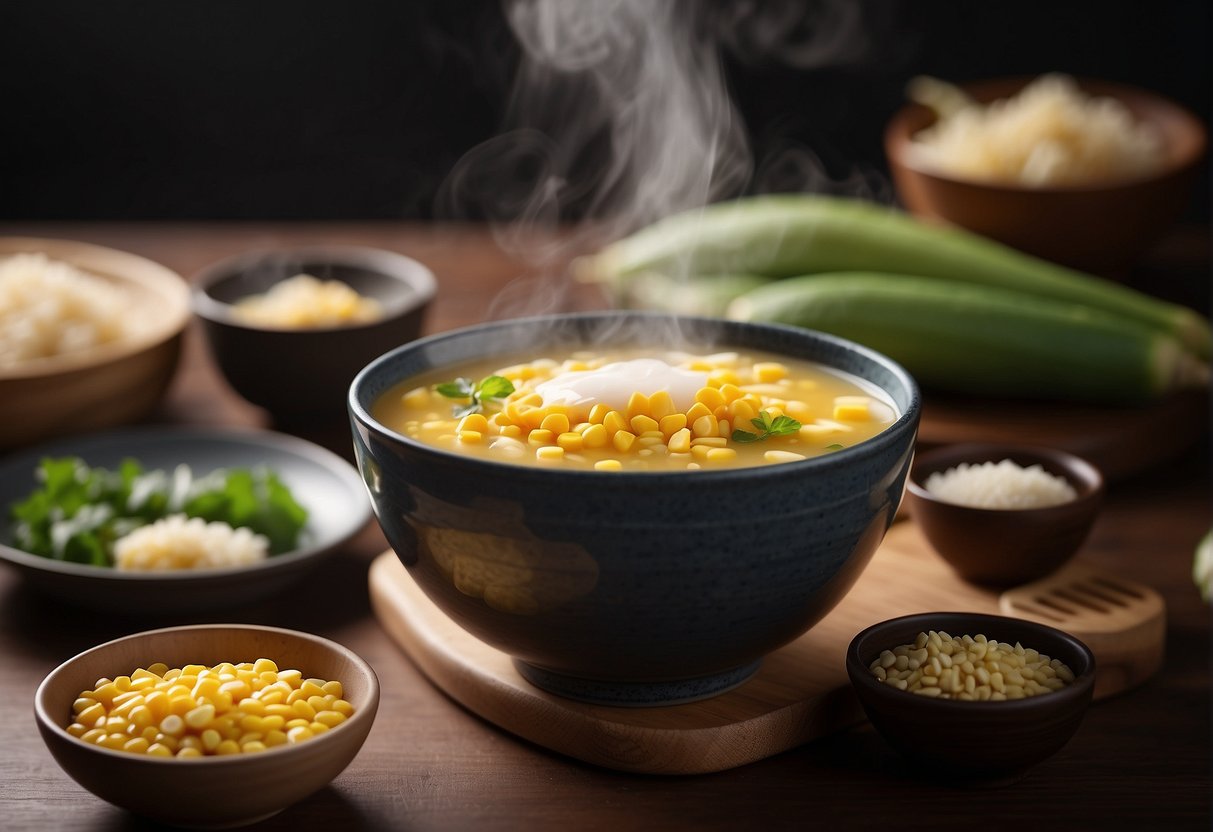 A steaming bowl of Chinese-style corn soup with ingredients and nutritional information displayed in a modern, minimalist layout
