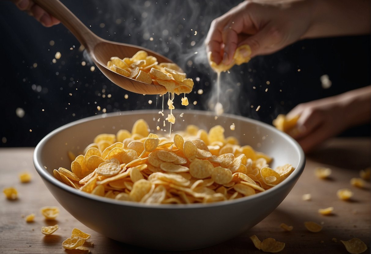 A mixing bowl filled with cornflakes, flour, and sugar. A hand pours melted butter into the bowl. Another hand stirs the mixture with a wooden spoon