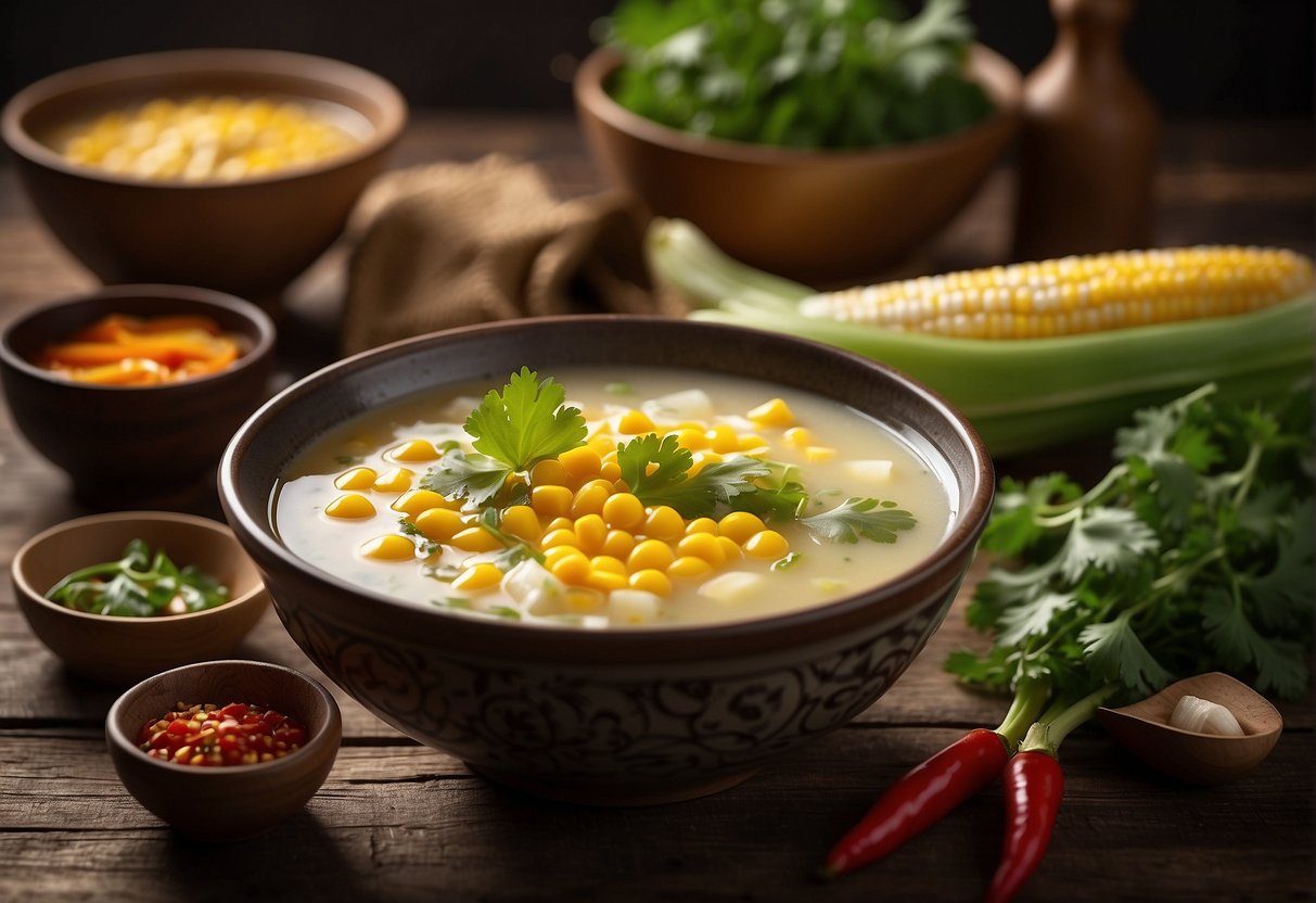 A steaming bowl of Chinese-style corn soup is placed on a rustic wooden table, garnished with fresh cilantro and red chili slices. A stack of bowls and spoons sits nearby, ready for serving