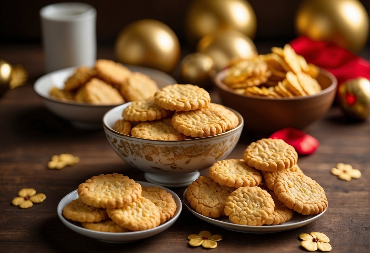 A table filled with golden-brown cornflakes cookies in various shapes and sizes, surrounded by festive Chinese New Year decorations