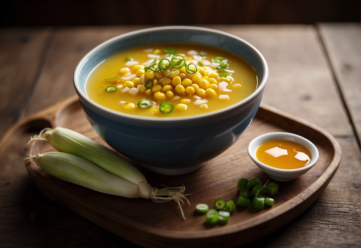 A steaming bowl of Chinese-style corn soup, garnished with scallions and a drizzle of sesame oil, sits on a rustic wooden table