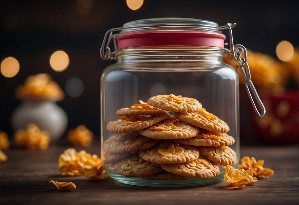 A glass jar filled with crispy cornflakes cookies, sealed tightly to keep them fresh. A Chinese New Year decoration adorns the lid