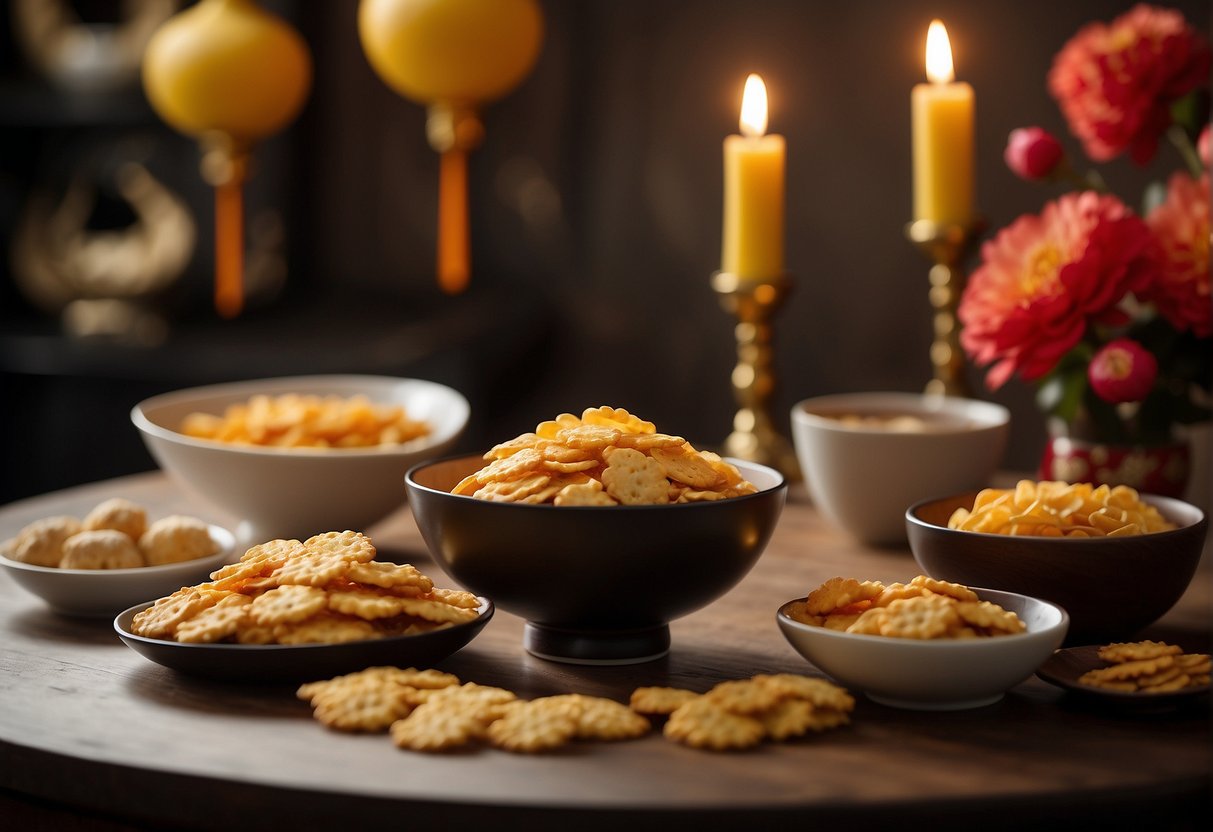 A table set with ingredients for cornflakes cookies, a Chinese New Year decoration, and a list of frequently asked questions