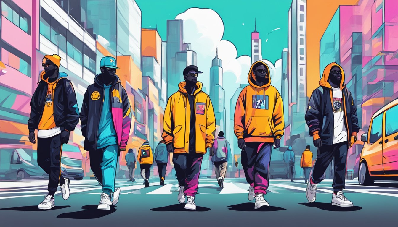 People wearing streetwear brands walk on urban streets. Bold logos and vibrant colors stand out against the city backdrop