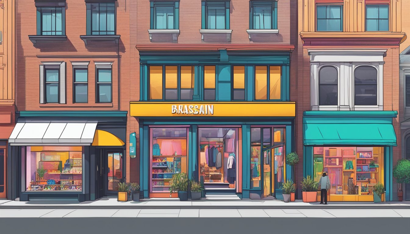 Vibrant storefronts display iconic streetwear brands in a bustling urban setting. Bold logos and colorful designs catch the eye of passersby