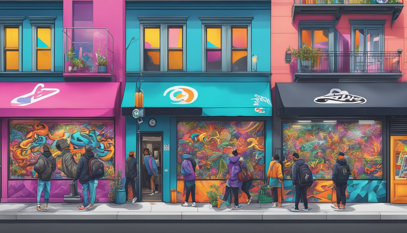 Two streetwear brands collaborate on a vibrant, graffiti-covered urban street, with their logos prominently displayed on storefronts and billboards