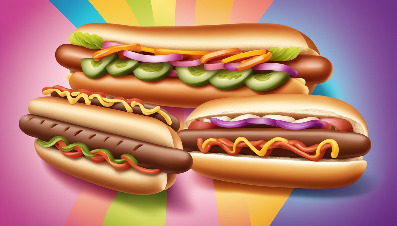 A variety of hot dog wieners with different flavors and ingredients displayed on a colorful and vibrant background