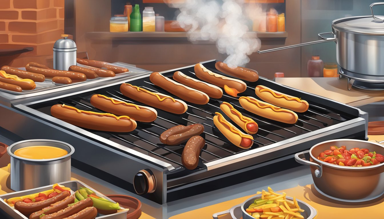 Hot dog wieners sizzling on a grill, steam rising. Condiments and toppings displayed nearby for serving
