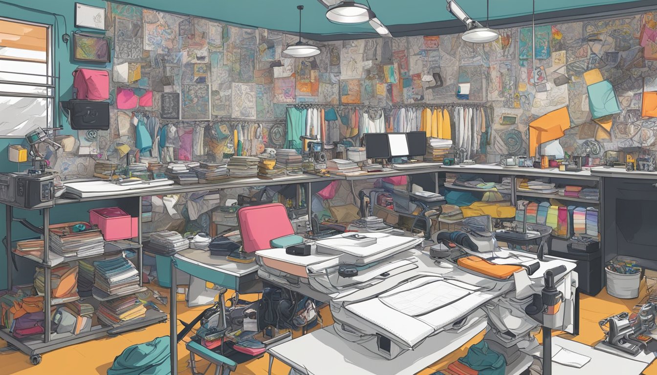 A cluttered studio with fabric swatches, sketches, and sewing machines. Graffiti-covered walls display streetwear designs and logos