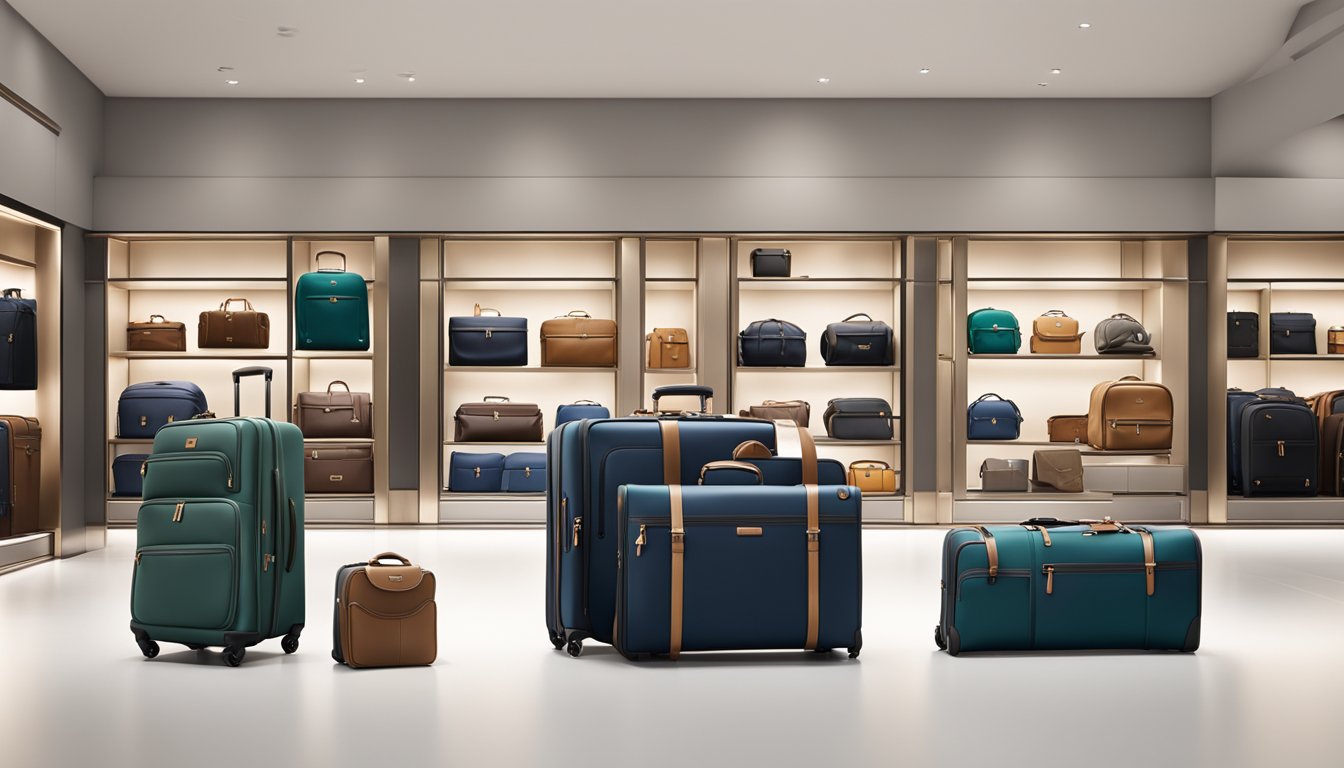 A display of sleek, modern luggage brands arranged in an upscale boutique setting. Bold logos and refined materials catch the eye