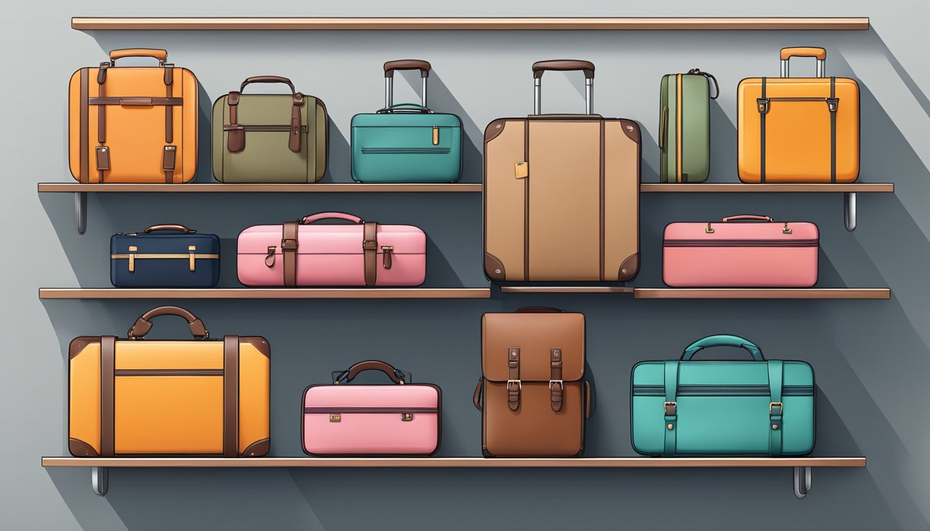 A display of top stylish luggage brands arranged on a sleek, modern shelf with clean lines and minimalistic design