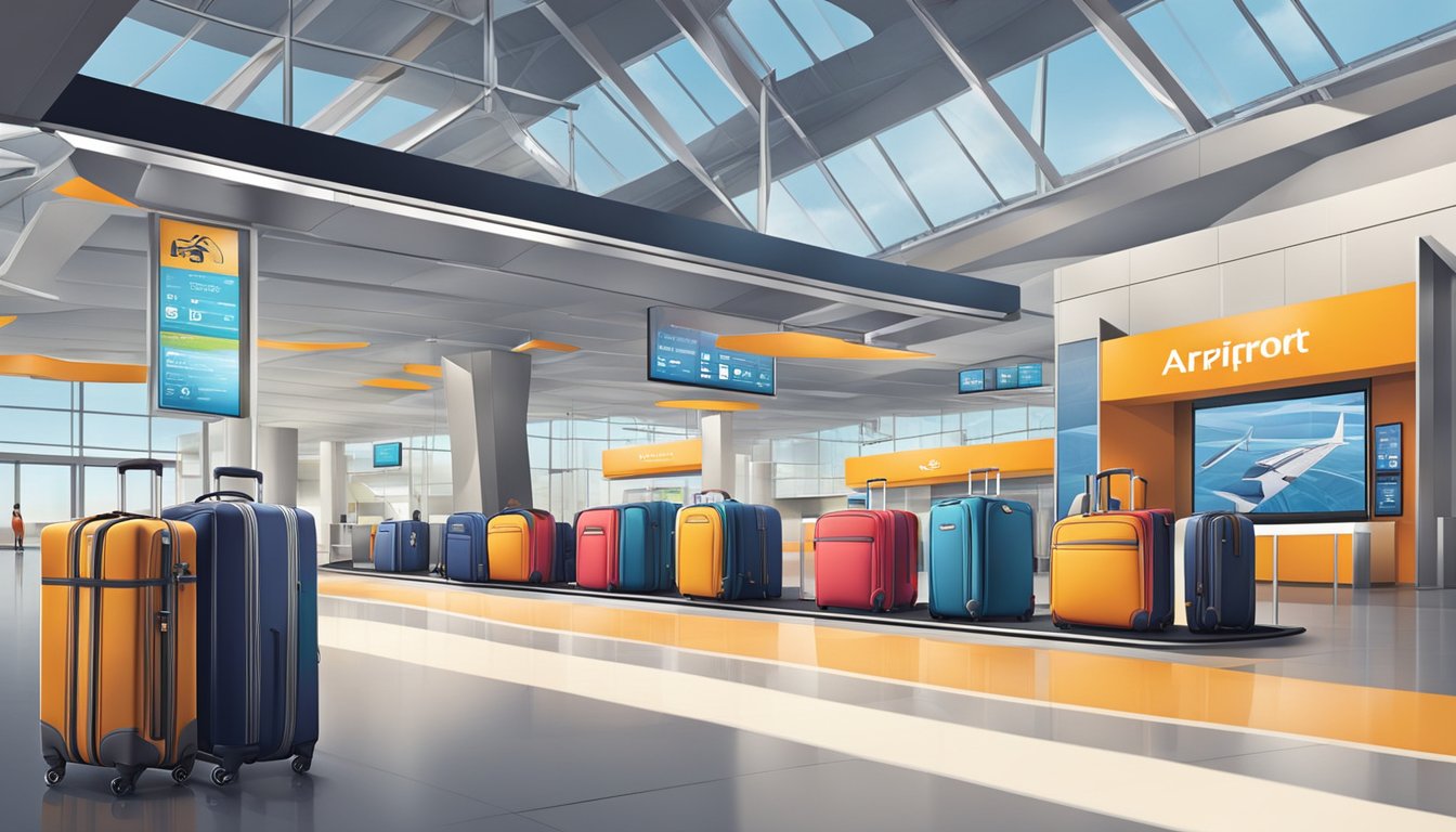 A sleek airport terminal with modern luggage brands on display. Bold logos and stylish designs catch the eye