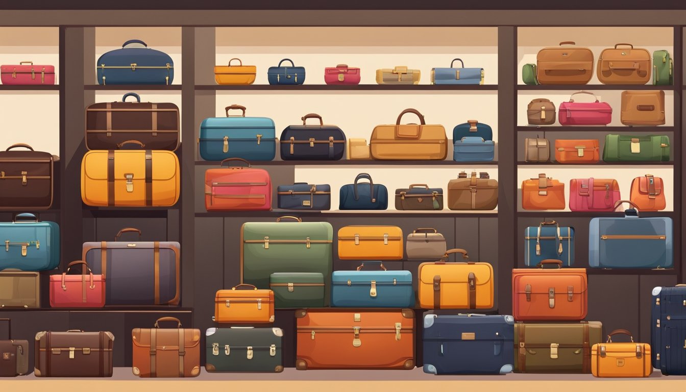 A variety of stylish luggage brands displayed on shelves in a well-lit store, showcasing different types of luggage for every journey