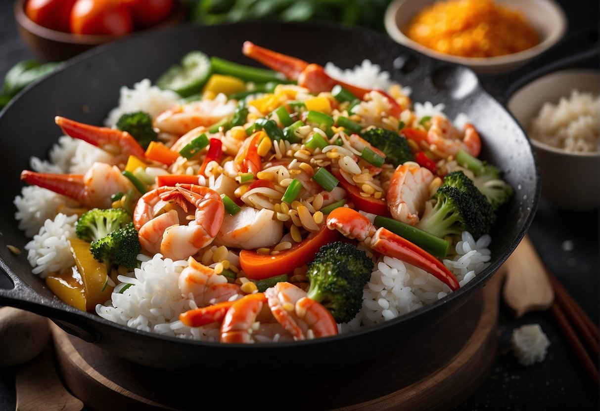 A wok sizzling with crab meat, ginger, and garlic in a savory Chinese sauce, surrounded by colorful vegetables and steaming rice