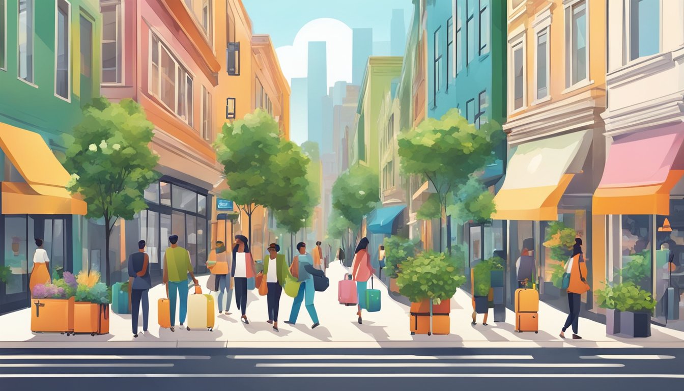 A vibrant city street with people carrying stylish, eco-friendly luggage. Recycling bins and greenery line the sidewalk. A sleek, modern store displays sustainable luggage options