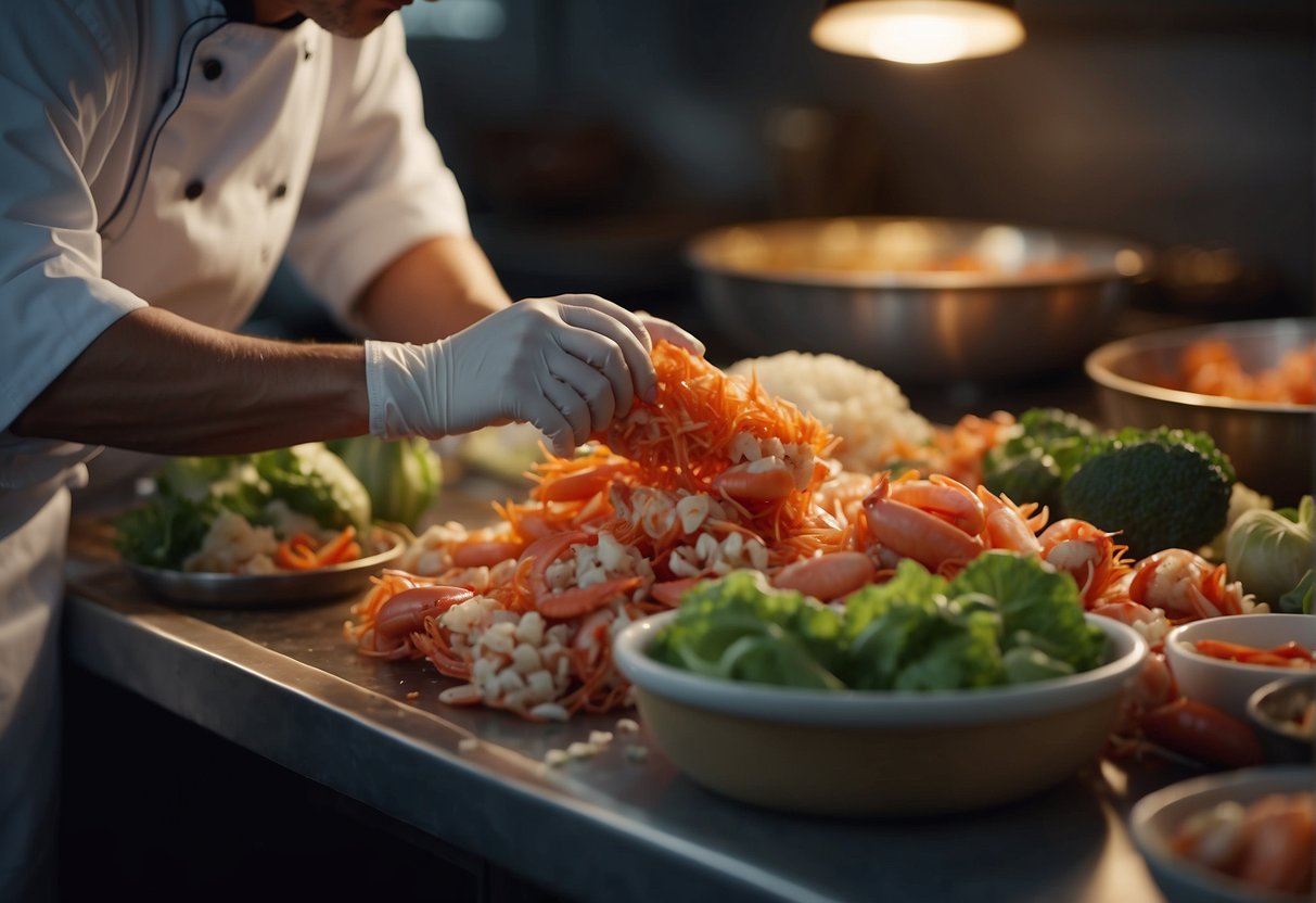A chef carefully picks through a pile of fresh crab meat, selecting the plumpest pieces for a Chinese-style recipe. The succulent meat glistens under the light, ready to be transformed into a delicious dish