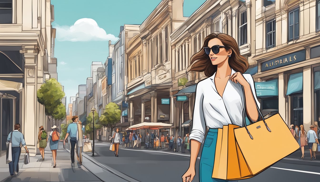 A stylish Australian woman proudly carries her branded bag while shopping in a bustling Australian city