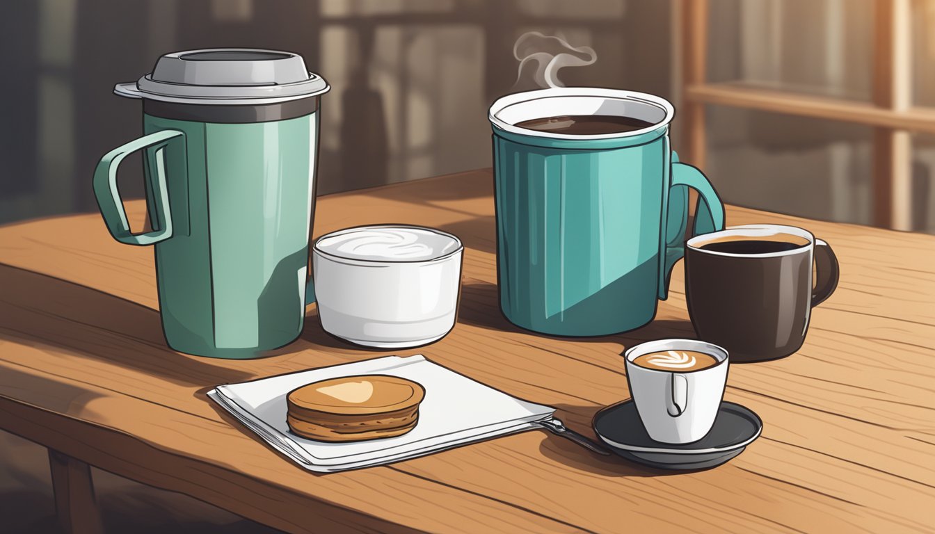 A branded collapsible coffee cup sits on a wooden table next to a steaming mug