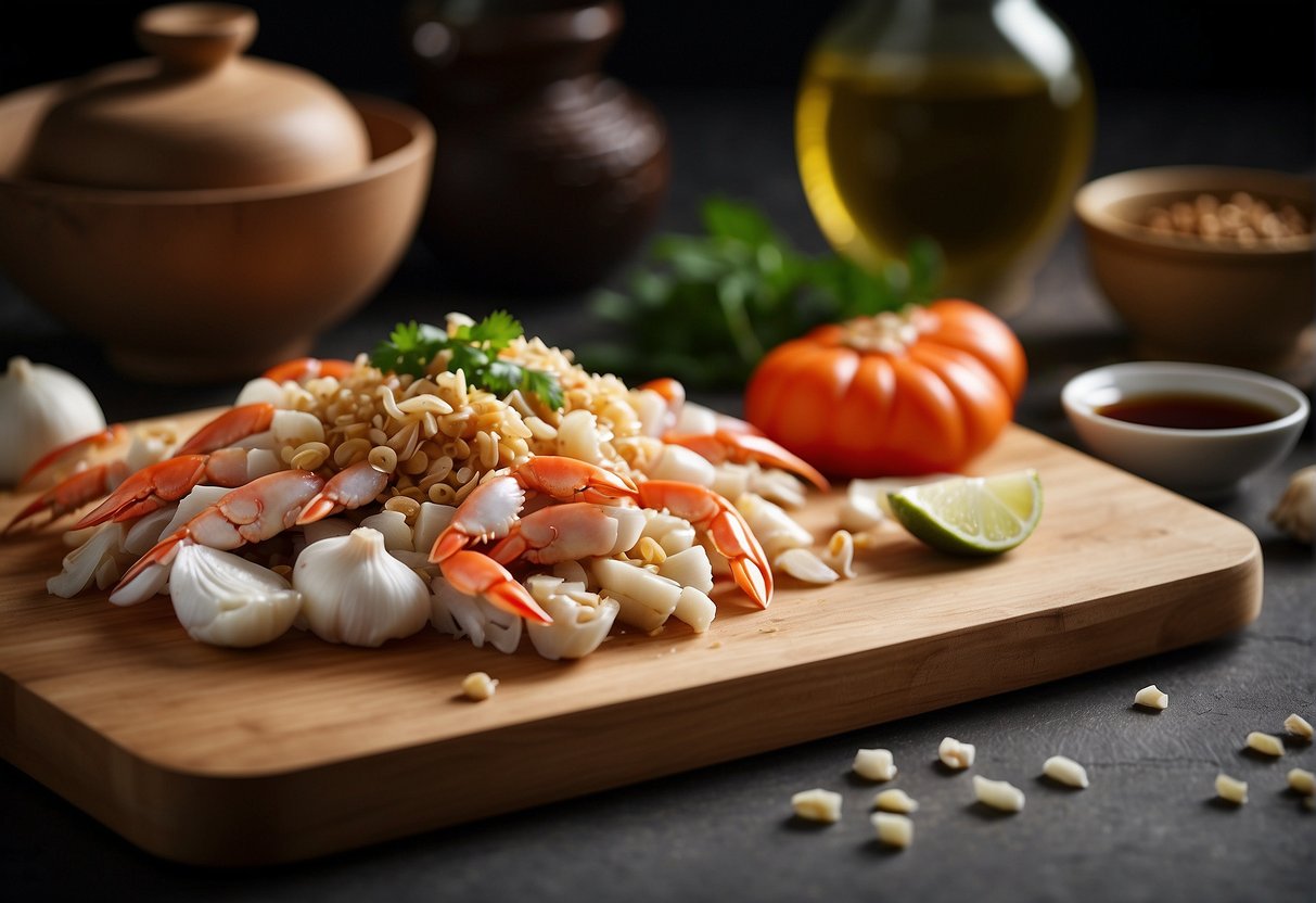 A wooden chopping board with fresh crab meat, ginger, garlic, and soy sauce, surrounded by traditional Chinese cooking utensils