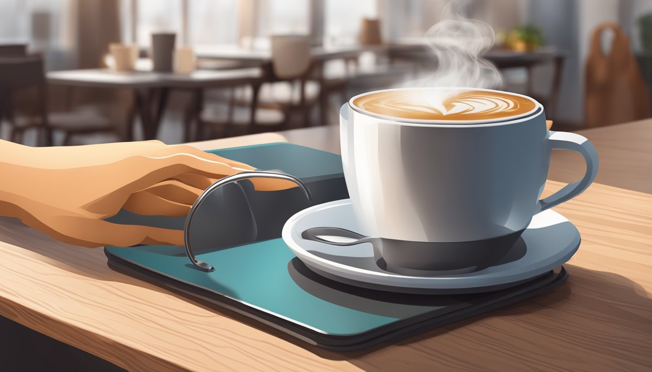 A hand reaches for a branded collapsible coffee cup on a table, with a steaming hot beverage inside. The cup is compact and easily collapsible, making it convenient for on-the-go use