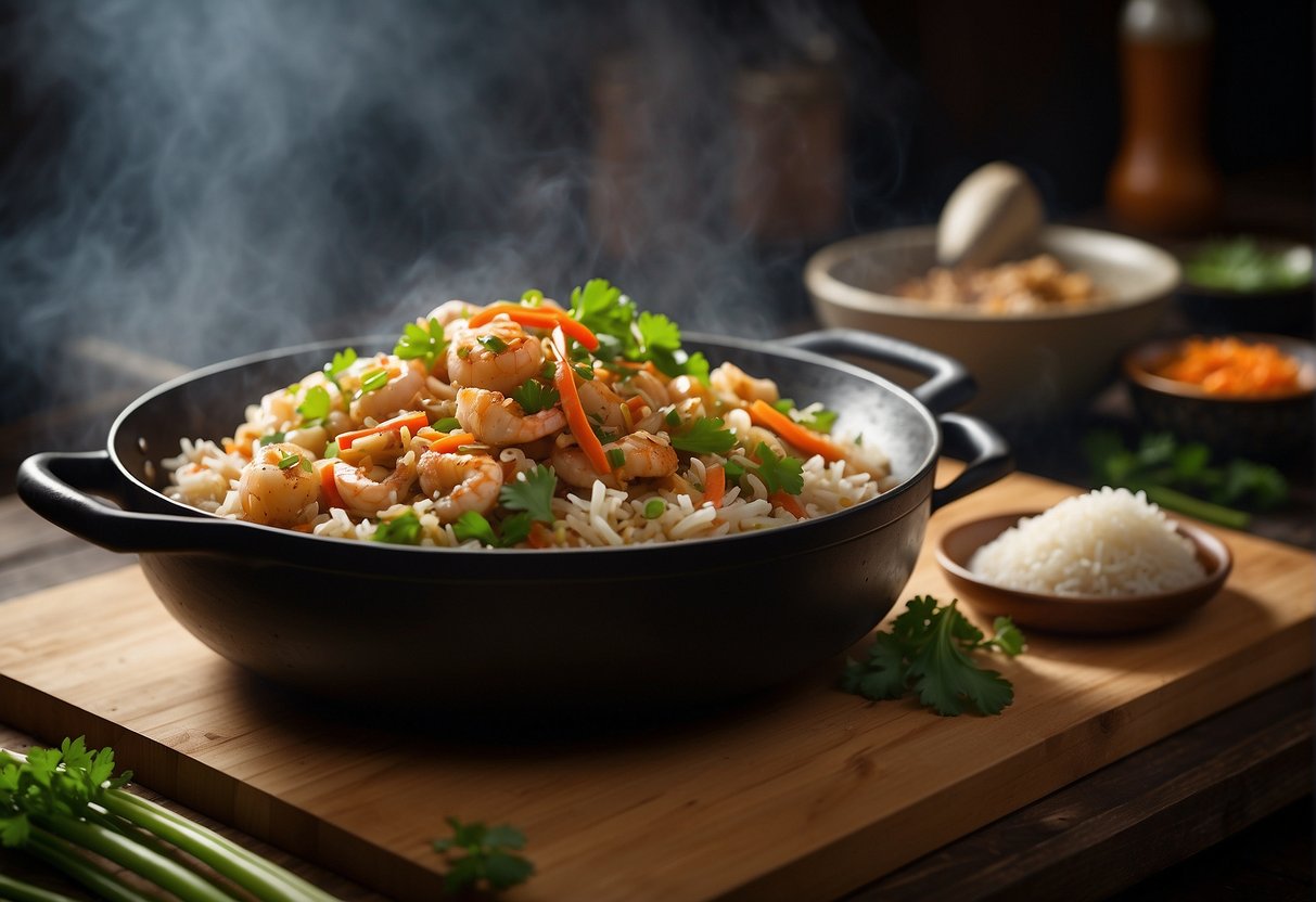 A wok sizzles with stir-fried crab meat, ginger, and garlic. A cleaver chops scallions and cilantro on a bamboo cutting board. Soy sauce and rice vinegar stand nearby