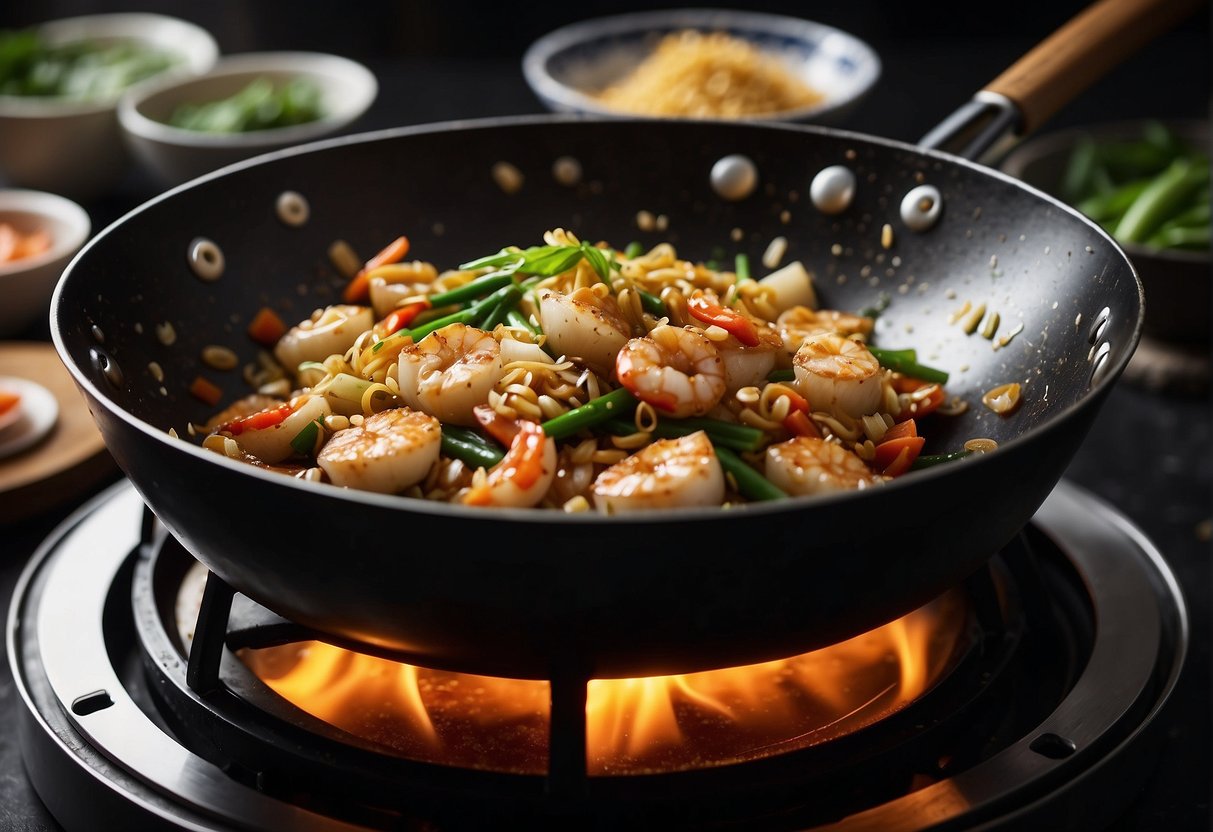 A wok sizzles with oil as crab meat is stir-fried with ginger, garlic, and scallions. A splash of soy sauce and a sprinkle of sesame seeds finish the dish