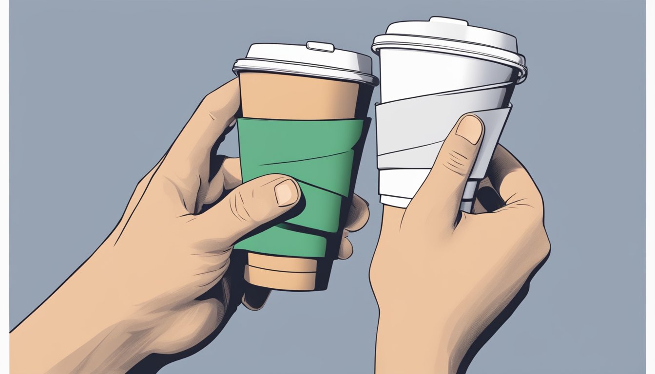 A hand reaches for a branded collapsible coffee cup, choosing the right material. The cup is being held by a person