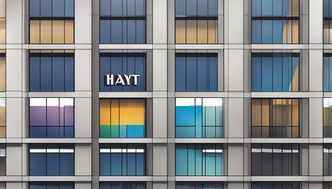 A row of Hyatt hotel logos displayed on a modern building facade