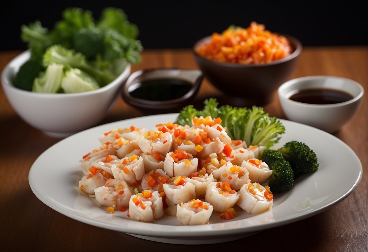 A plate of Chinese-style crab meat with a side of vegetables, accompanied by a small bowl of soy sauce. Nutritional information displayed next to the dish