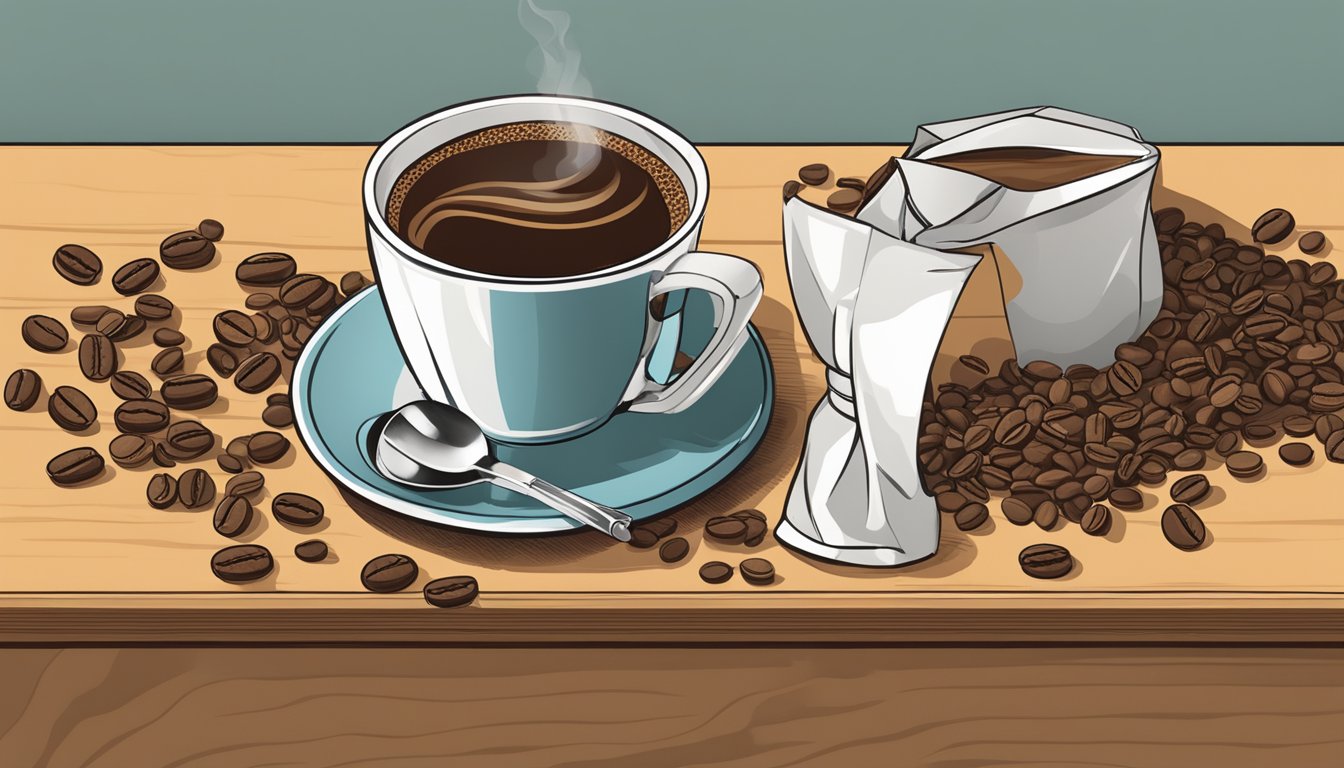A table with a steaming cup of coffee, a bag of coffee beans, and a Collapsible Cup logo visible