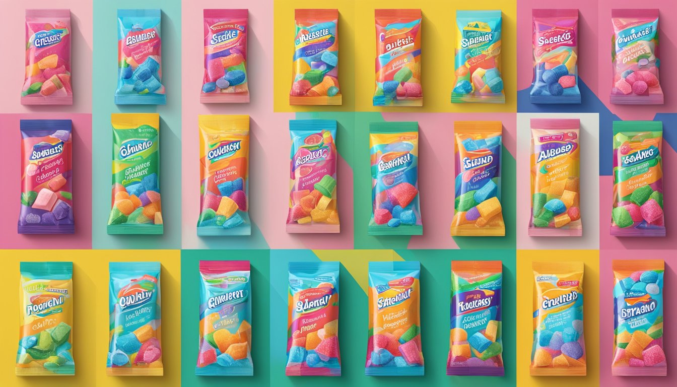 Various sugarless gum brands arranged on a colorful display with bold lettering and vibrant packaging