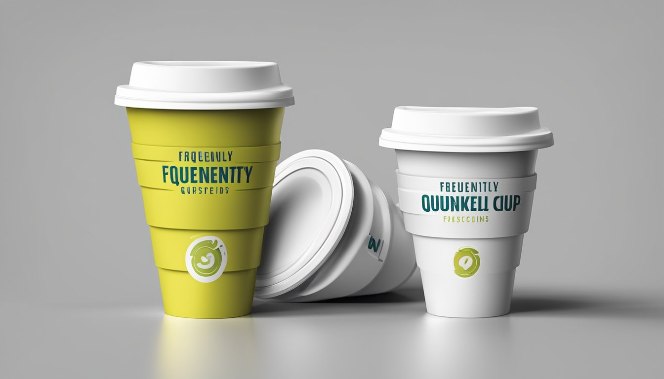 A branded collapsible coffee cup unfolds with a "Frequently Asked Questions" logo