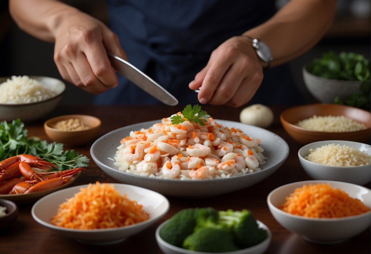 A chef prepares Chinese-style crab meat, surrounded by ingredients and utensils, with a stack of FAQ sheets nearby