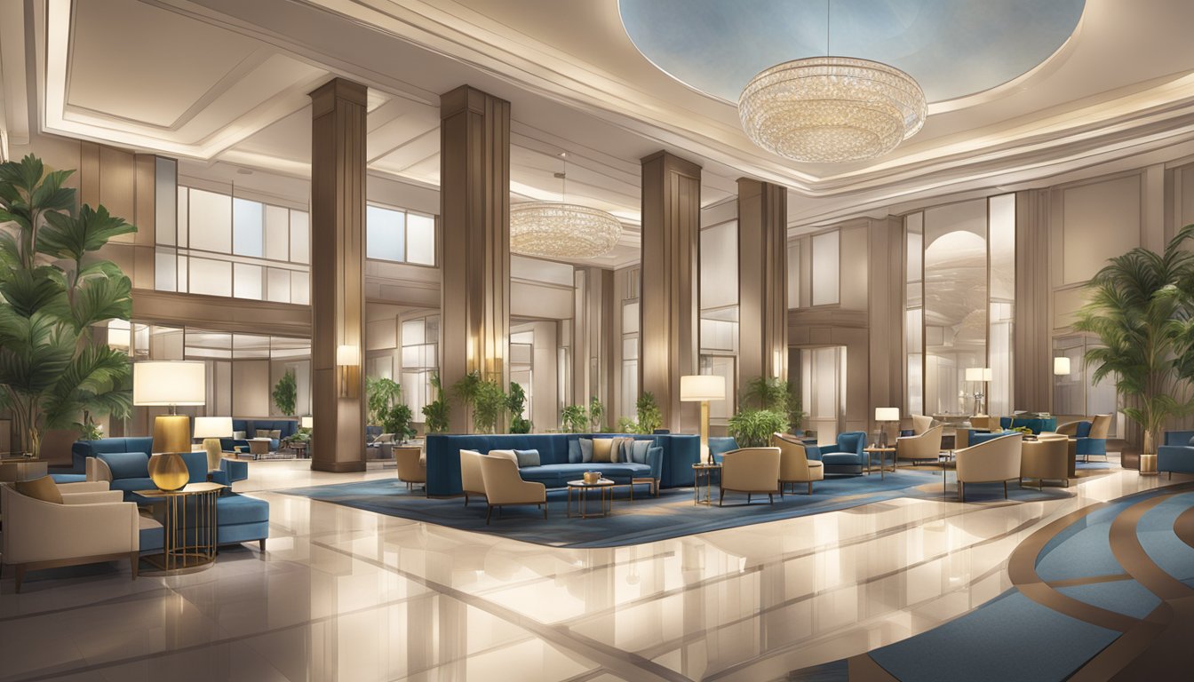 A lavish hotel lobby with modern decor and elegant furnishings, featuring the distinctive branding of Hyatt's Luxury and Lifestyle Collections
