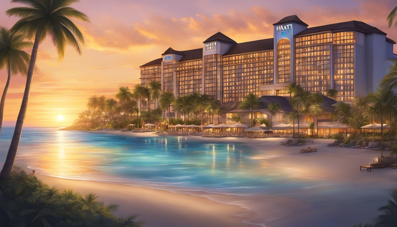 A luxurious beach resort with palm trees, crystal-clear waters, and a stunning sunset. The Hyatt logo is prominently displayed on the hotel building