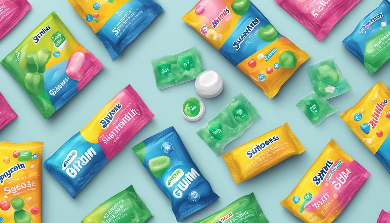 A pack of sugarless gum brands displayed with fresh breath and dental health symbols