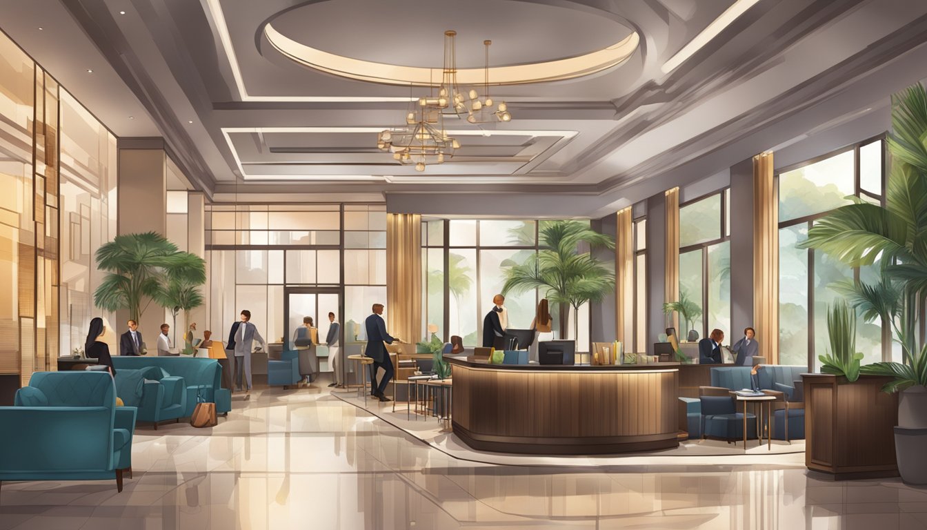 A bustling lobby with modern decor, guests checking in at the reception desk, and a cozy lounge area with comfortable seating and a stylish bar
