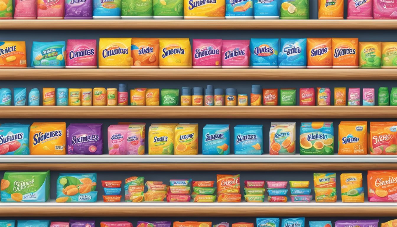 Various sugarless gum brands displayed on a colorful store shelf