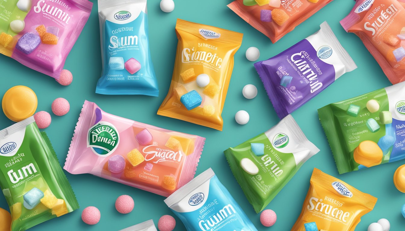 Various sugarless gum brands displayed with ingredients and sweeteners