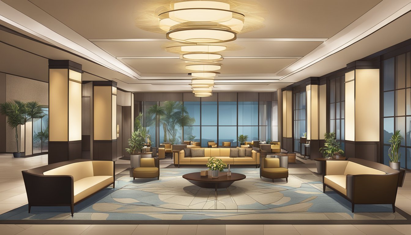 A luxurious hotel lobby with modern furnishings and a welcoming ambiance. The Hyatt logo prominently displayed, and guests enjoying the upscale amenities