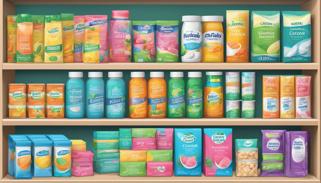 A variety of sugarless gum brands displayed on a shelf, with clear labeling of health considerations and dietary needs