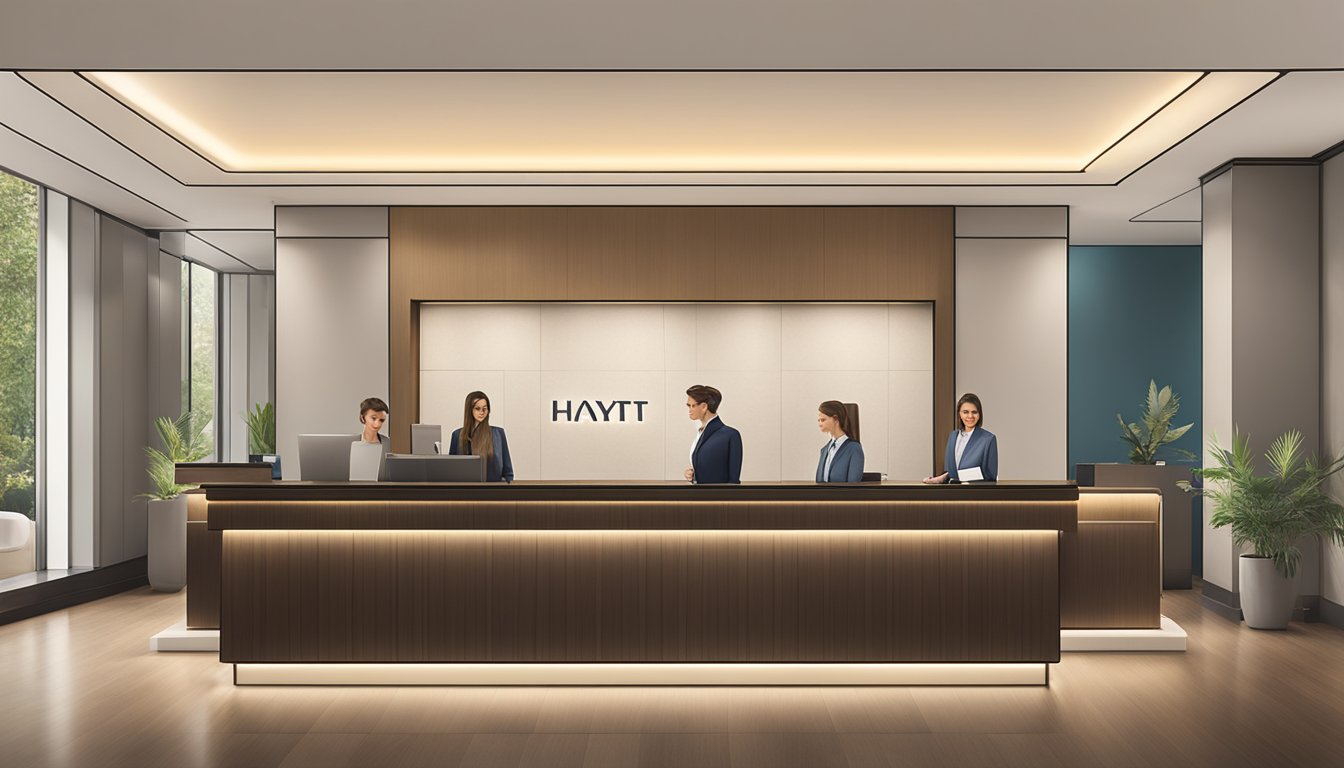 The Hyatt hotel brands logo prominently displayed on a sleek, modern reception desk, with a line of guests checking in under soft, warm lighting