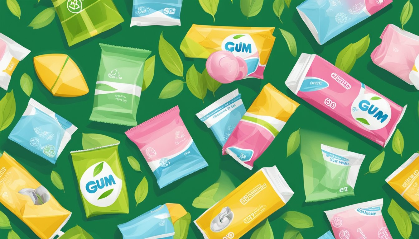 A stack of sugarless gum packages arranged next to a recycling bin, with green leaves and eco-friendly symbols in the background