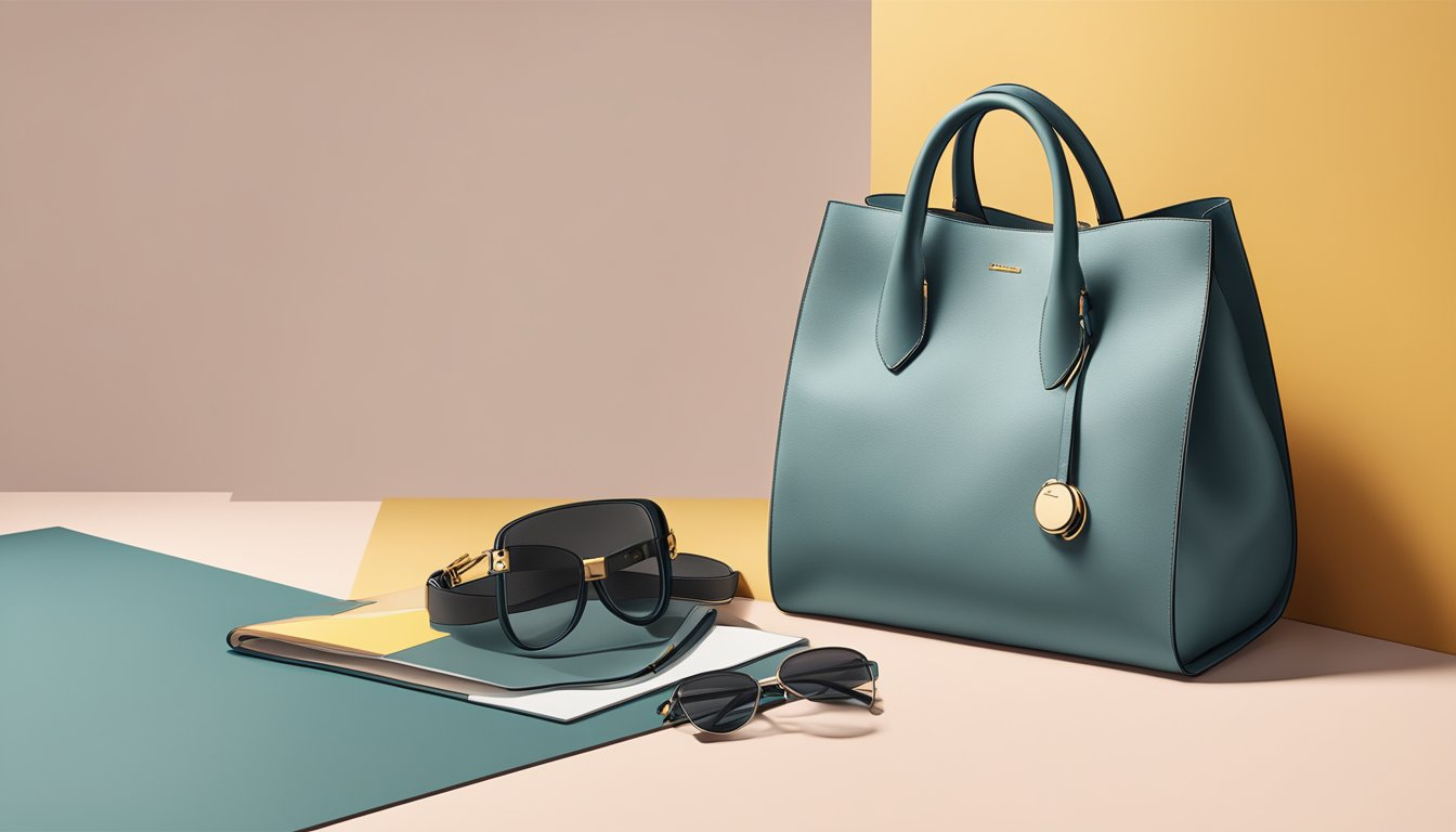 A stylish branded bag sits on a clean, modern surface with minimalistic accessories nearby. The bag is the focal point, with soft lighting highlighting its details