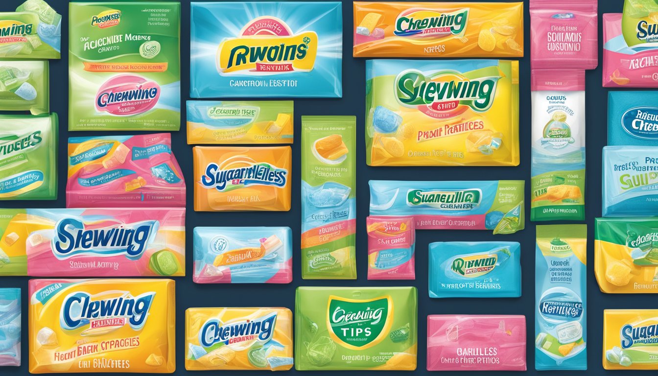 A pack of sugarless gum brands with "Chewing Tips and Best Practices" displayed prominently on the packaging