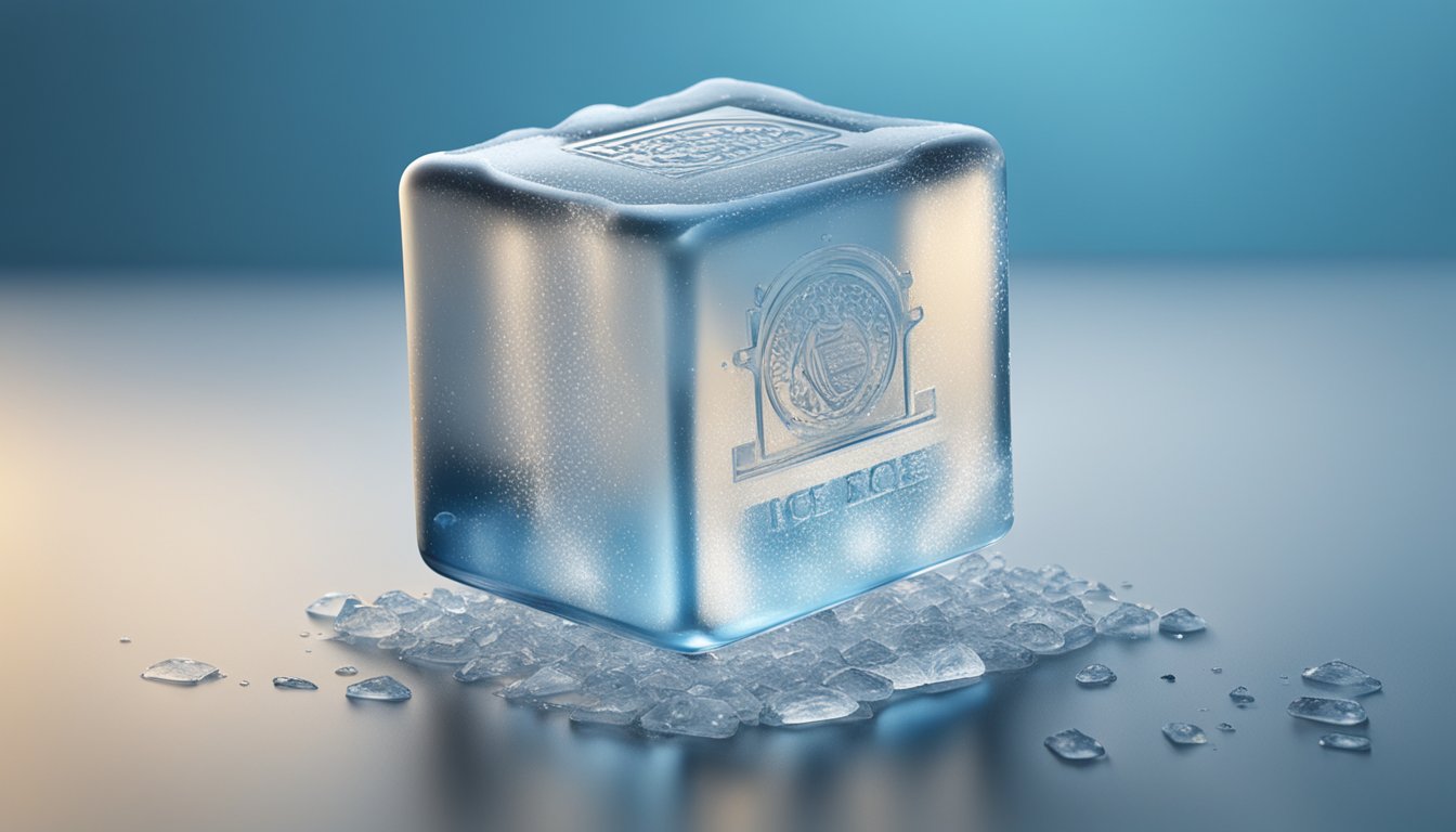 An ice branding stamp presses into a block of ice, leaving a clear, crisp mark