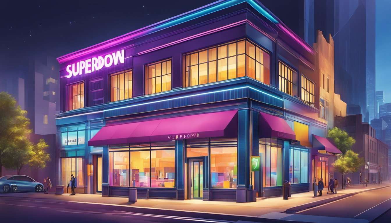 A vibrant cityscape with a bold, modern storefront featuring the "superdown" brand logo prominently displayed. Bright lights and sleek architecture convey a sense of trendy fashion and urban energy