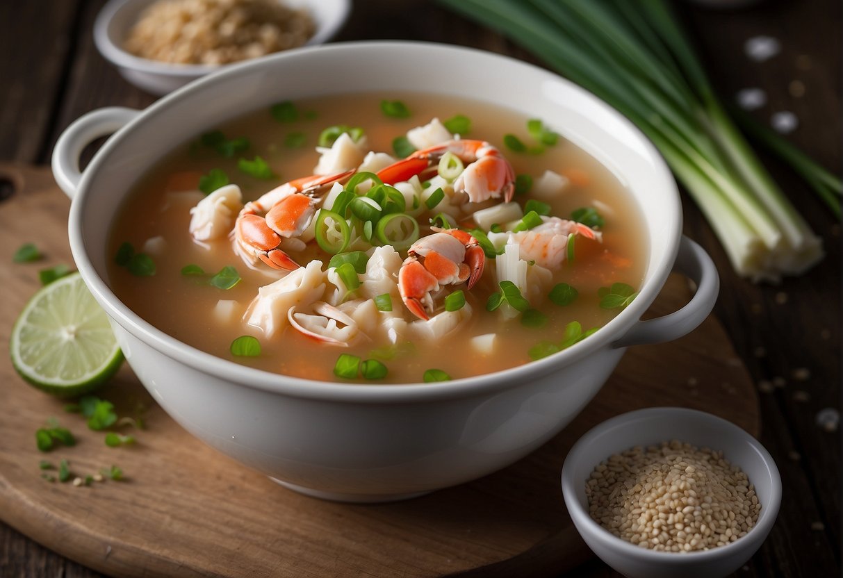 A steaming bowl of crab meat soup sits on a rustic wooden table, garnished with fresh green onions and a sprinkle of ground white pepper