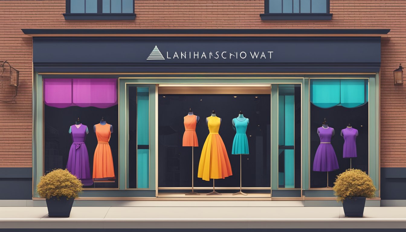 A vibrant, trendy clothing brand logo displayed prominently on a storefront window. Vibrant colors and sleek, modern font